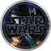 Round paper plate featuring Star Wars logo in silver letters centered on a dark blue starry background with spacecraft and explosions around the edges.