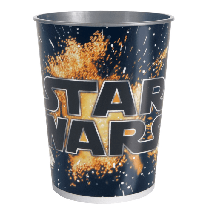 Star Wars-themed cup with space-themed design on a white background