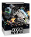 Black gift bag featuring Star Wars spacecraft and characters in space battle scene with green laser blasts and explosions, white Star Wars logo on lower front.