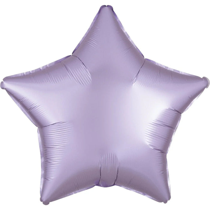 Lavender satin mylar star-shaped balloon with five pointed tips and a reflective finish against a white background.