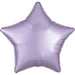 Lavender satin mylar star-shaped balloon with five pointed tips and a reflective finish against a white background.