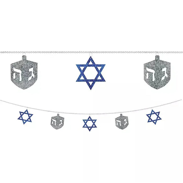 Blue and gray Star of David and dreidel-shaped decorative garland with chain stringing featuring three large pendants across the top and five smaller alternating charms along the bottom.