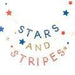 Patriotic banner with "STARS AND STRIPES" text in red, white, and blue letters surrounded by matching star decorations on a white background.