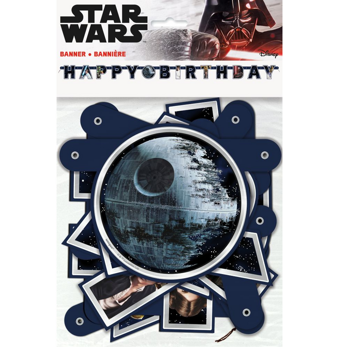 Star Wars birthday banner with Death Star design on a white background