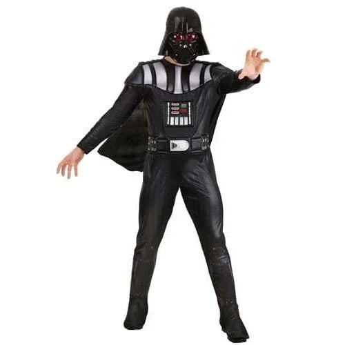 Adult Darth Vader costume featuring black bodysuit with gray chest armor detail, black cape, belt with silver buckle, and matching mask with red eye lenses.