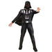 Adult Darth Vader costume featuring black bodysuit with gray chest armor detail, black cape, belt with silver buckle, and matching mask with red eye lenses.