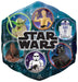 Hexagonal foil balloon featuring Star Wars characters including Yoda, C-3PO, R2-D2, Chewbacca, a Stormtrooper, and Darth Vader arranged in circles around the central Star Wars logo on a blue starfield background.