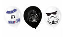 Three latex balloons featuring Star Wars characters: R2-D2 in white and blue on the left, Darth Vader in black in the center, and a Stormtrooper in white on the right.