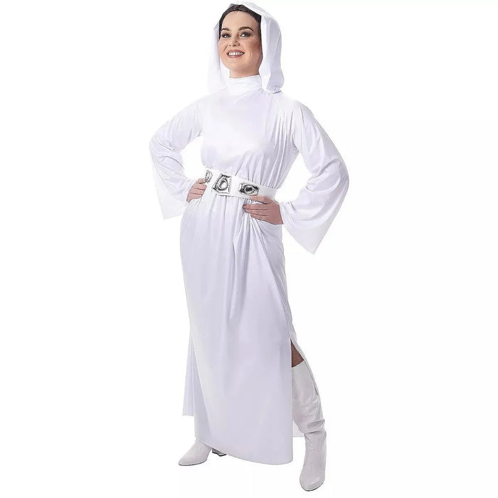 Woman wearing a white hooded floor-length gown with bell sleeves, decorative belt buckle, and white boots, styled as Princess Leia from Star Wars.