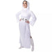 Woman wearing a white hooded floor-length gown with bell sleeves, decorative belt buckle, and white boots, styled as Princess Leia from Star Wars.