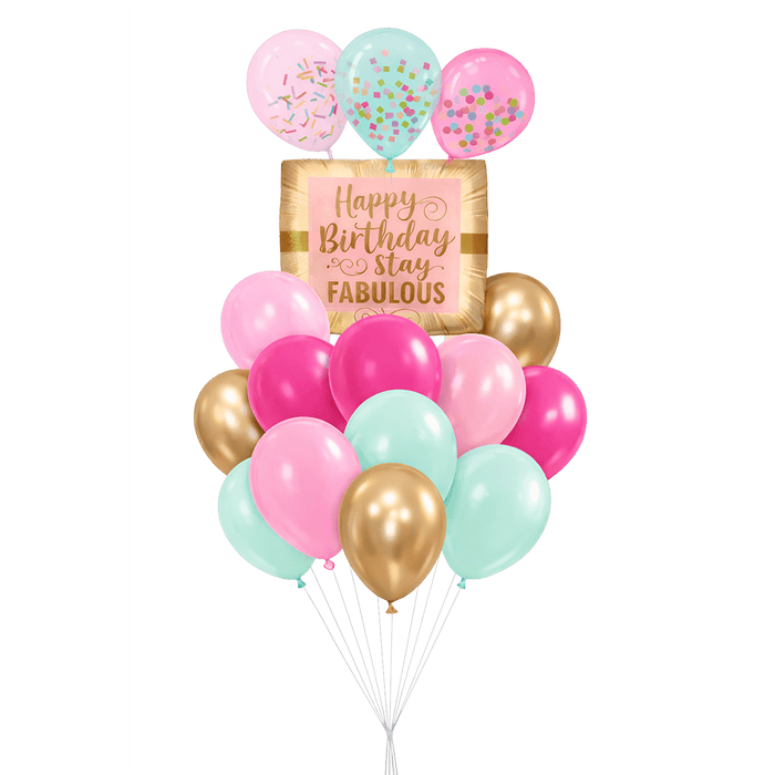 Stay Fabulous birthday balloon bouquet with gold gift-shaped birthday balloon, pink, mint, gold, and confetti-style balloons.