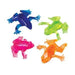 Four translucent sticky toy frogs in blue, green, pink, and orange arranged in a square layout on white background.
