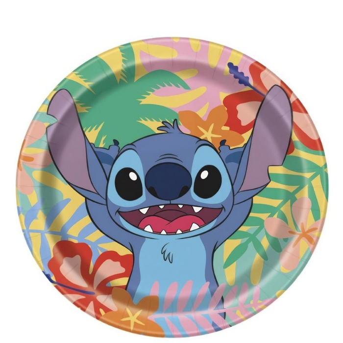 Stitch 7-inch paper plate featuring a smiling Stitch with tropical flowers, palm leaves, and a colorful island-inspired background.
