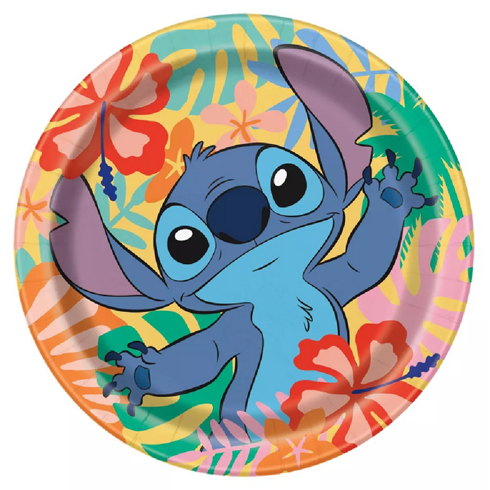 Stitch 9-inch paper plate with colorful tropical flowers, palm leaves, and a bright island-themed background.