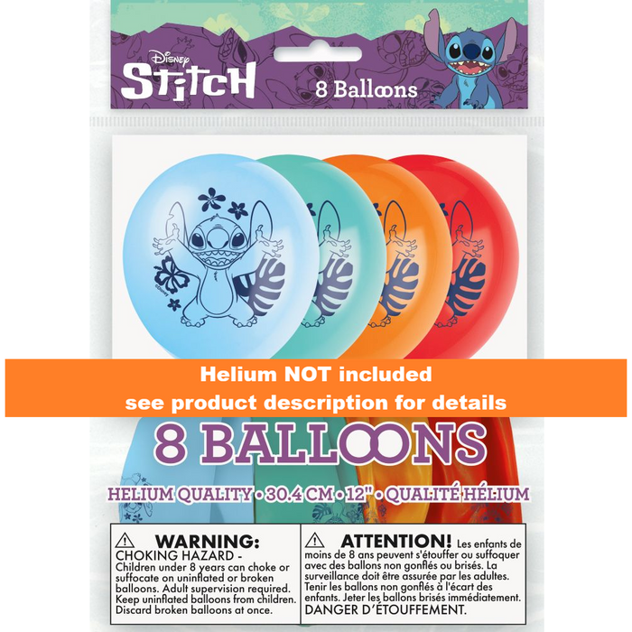 Pack of Disney Stitch balloons with colorful designs on a white background and an orange banner that states Helium Not Included. 