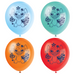 Stitch 12-inch latex balloons in light blue, teal, orange, and red with Stitch character line art, tropical flowers, and leaf accents.