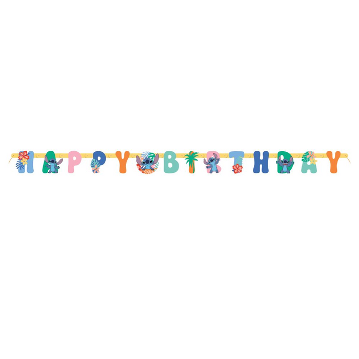 Stitch Happy Birthday 6-foot banner with colorful letters, tropical flowers, palm tree accents, and Disney Stitch character designs.