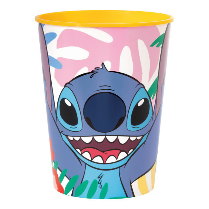 Stitch 16-ounce plastic cup with a smiling Stitch design, tropical leaf pattern, and yellow rim.