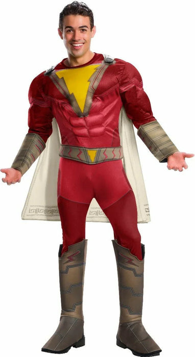 Red and yellow superhero costume with brown armored gauntlets, leg guards, and a cream-colored cape featuring geometric patterns.