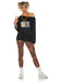 Woman wearing a black off-shoulder sweatshirt with "I Love the 90s" graphic, colorful patterned leggings, white socks, and white sneakers, with blonde pigtails and gold chain necklace.