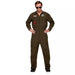 Olive green flight suit jumpsuit with front zipper, chest pockets, and military-style patches including Top Gun branding on the shoulders, worn with black aviator sunglasses.