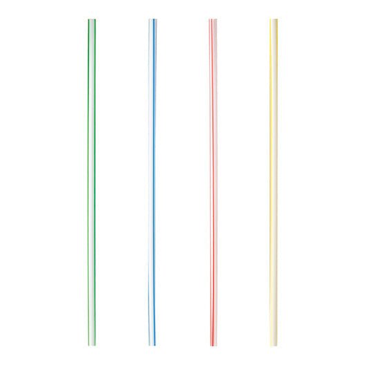 Four vertical straws in green, blue, pink, and cream colors arranged side by side on a white background.