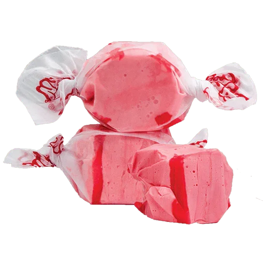 Three pink salt water taffy candies wrapped in cellophane with red twisted ends, displayed against a white background.
