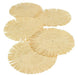 Set of five natural woven straw placemats with fringe edges arranged in an overlapping display on a white background.