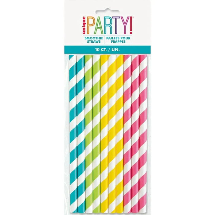 Package of ten striped smoothie straws in turquoise, green, yellow, and hot pink diagonal stripes on white background.