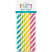 Package of ten striped smoothie straws in turquoise, green, yellow, and hot pink diagonal stripes on white background.