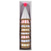 Stack of eight colorful striped party hats with gold glitter bands and a pink pom-pom on top, displayed in a tall rectangular box.