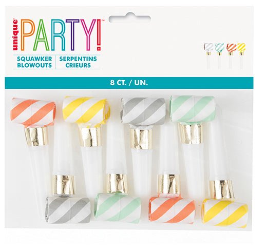Eight striped squawker blowouts with gold metallic bases in orange, yellow, gray, and mint green diagonal stripe patterns arranged in two rows.