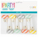 Eight striped squawker blowouts with gold metallic bases in orange, yellow, gray, and mint green diagonal stripe patterns arranged in two rows.