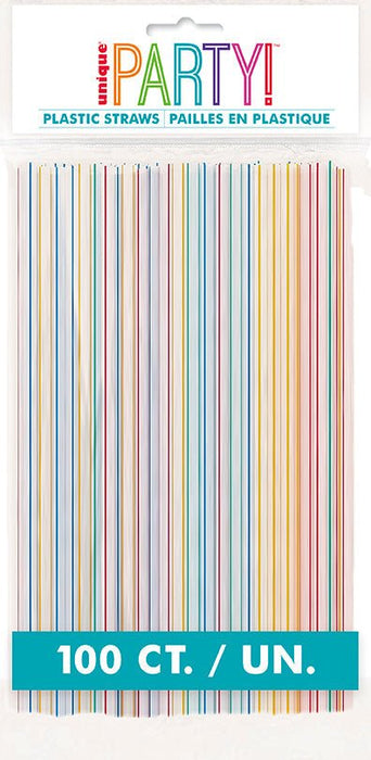 Package of 100 colorful striped plastic straws in rainbow colors including blue, pink, purple, yellow, and green arranged vertically.