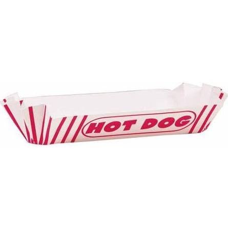 White paper hot dog tray with red striped design and "HOT DOG" text printed across the center.