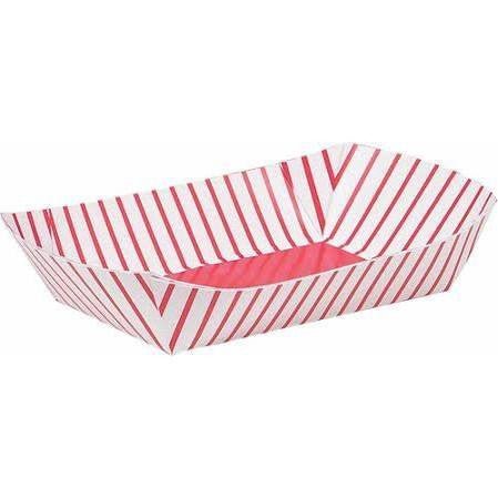Red and white striped paper snack trays with a pink interior, shown as a set of four disposable food serving containers.