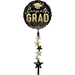 Black and gold "Congrats Grad" round foil balloon with decorative stars and a mortarboard cap, featuring a cascading strand of alternating gold, silver, and black star charms.