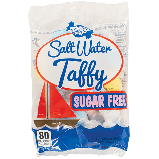 Clear plastic bag of sugar-free salt water taffy candy with a red and blue sailboat design on the label and "80 calories" marked on the package.