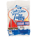 Clear plastic bag of sugar-free salt water taffy candy with a red and blue sailboat design on the label and "80 calories" marked on the package.