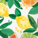 Decorative paper napkins featuring watercolor-style yellow lemons, green limes, and orange citrus slices with leaves on a white background.