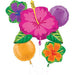 Colorful mylar balloon bouquet featuring five inflatable flowers in pink, purple, orange, and green with matching leaves and stems.
