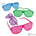 Four colorful plastic shutter shade sunglasses in blue, green, purple, and hot pink with horizontal slat designs arranged on a white background.