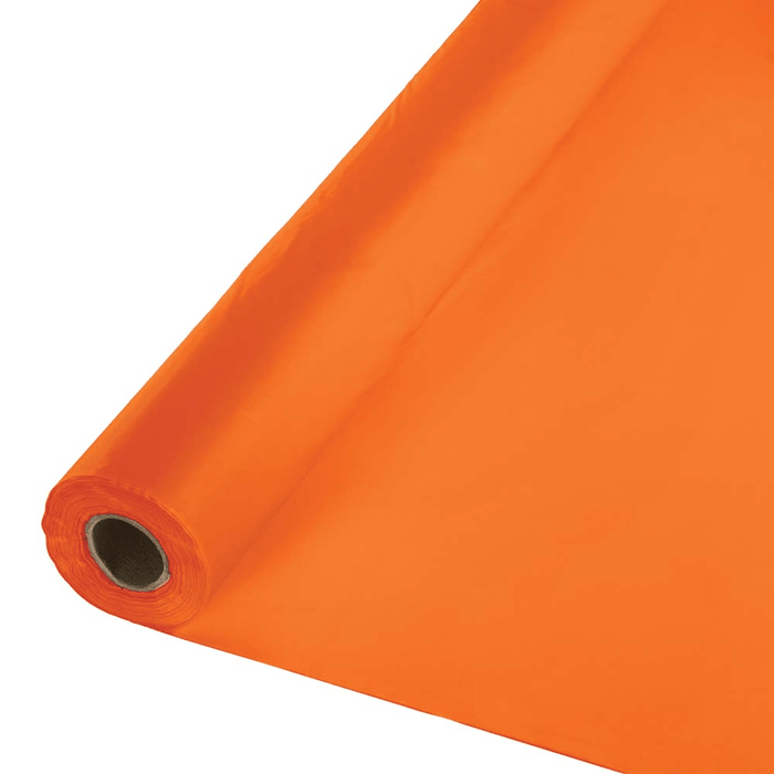 Rolled bright orange plastic sheeting displayed at an angle showing the cylindrical cardboard core and vibrant solid color surface.