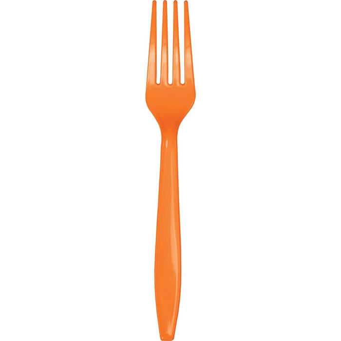 Single bright orange plastic fork with four tines, tapered handle, and glossy finish displayed against a white background.