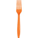 Single bright orange plastic fork with four tines, tapered handle, and glossy finish displayed against a white background.
