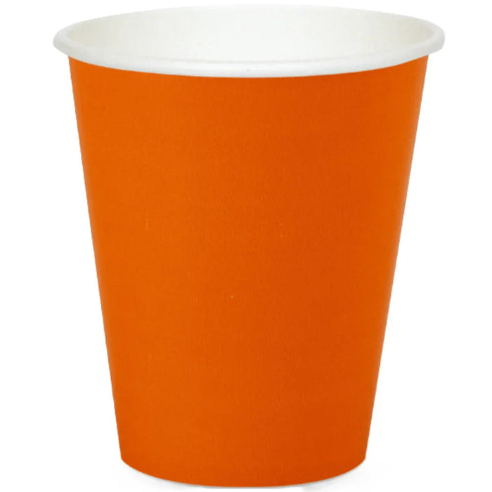 Bright orange disposable paper cup with white interior rim, shown in single unit against a white background.