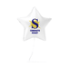 White star-shaped foil balloon with a navy blue "S" logo surrounded by yellow rays, and text reading "CONGRATS NAME!" in blue letters.