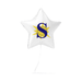 White star-shaped balloon with a dark blue letter S surrounded by yellow rays, attached to a string.