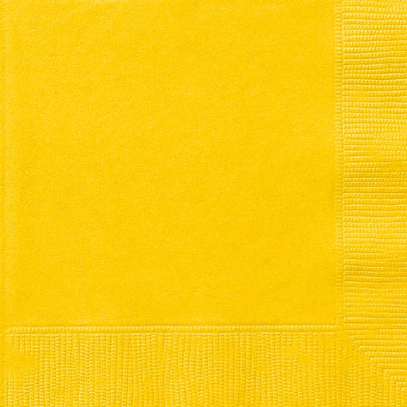 Bright yellow paper napkins with visible texture and stitched edges arranged in a square stack.