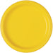 Bright yellow paper dinner plate shown from above with a wide rim and shallow bowl design.
